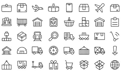 Simple Black and White Logistics Icons Depicting Shipping, Delivery, and Transportation Services for Business and E-commerce