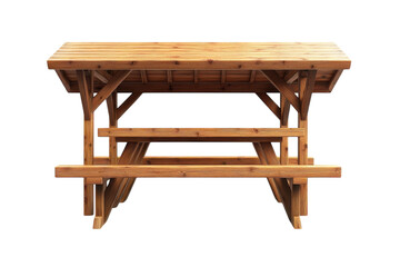 An inviting rustic wooden picnic table with attached benches perfect for sharing summer meals on transparent background