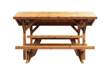 An inviting rustic wooden picnic table with attached benches perfect for sharing summer meals on transparent background