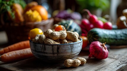 Assorted fresh fruits and vegetables arranged with rustic bowl of unshelled peanuts on wooden kitchen counter, vibrant organic food display. Concept of healthy nutrition and farm produce.
