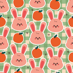 cute seamless pattern cartoon bunny with orange. cute animal pattern with green checkered background
