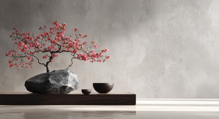 Japanese Zen minimalist interior with elegant rock, sakura tree on table, grey background.