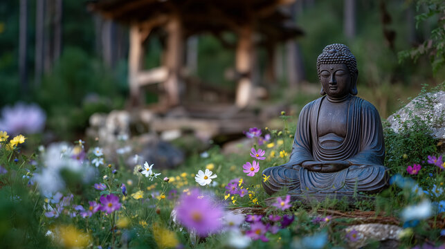 Garden shrine with bronze Buddha statue resting in field of blooming wildflowers, ancient temple pillars in background, soft breeze and dappled light suggest spiritual retreat