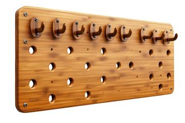 An expertly crafted oak pegboard displaying clean minimalist design useful for storage of all on transparent background