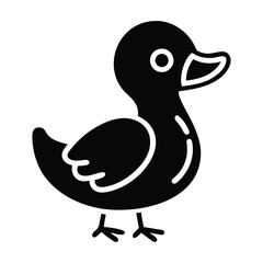 Simple black duck glyph showcases adorable minimalist water fowl, standing on a white background