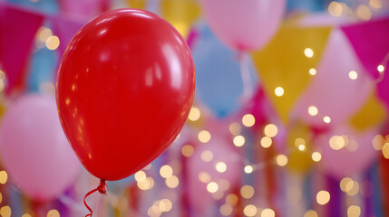 Close-up of vibrant red balloon with reflections of twinkling fairy lights, surrounded by pink, yellow, and blue balloons, blurred festive background evokes birthday joy