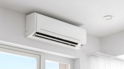 Modern ductless heating and cooling system mounted high on clean white wall in bright interior space, efficient climate control for homes. Concept of energy saving HVAC technology.
