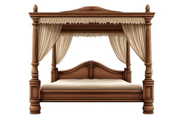 An elegant wooden four poster bed fit for royalty evoking fairy tales of dreams and peaceful on transparent background