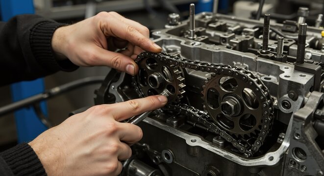 Mechanic working on engine timing chain with tools in garage  