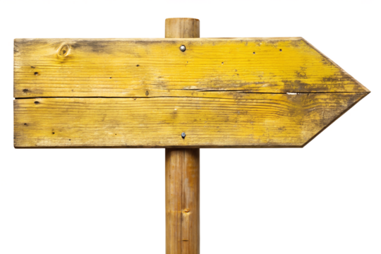 A weathered yellow wooden arrow sign pointing right isolated on transparent background