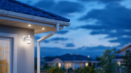 Obraz premium Modern suburban house corner shows layered exterior with advanced thermal insulation materials, clean white drainpipe, and LED security lighting against dusk sky, emphasizing eco-f