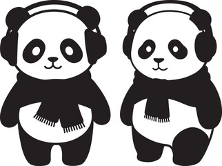 Obraz premium Two cute cartoon pandas wearing headphones and scarves enjoying music silhouette