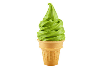 Isolated Vibrant Green Matcha Soft Serve Ice Cream Cone
