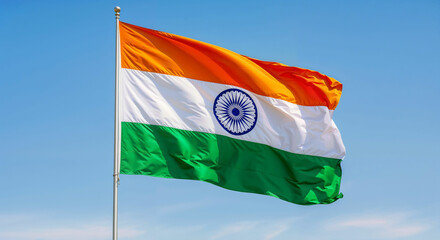 Waving Indian National Flag on Pole Against Clear Blue Sky

