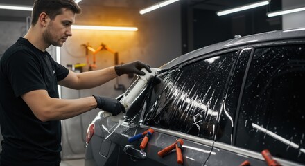 Man applying window tint on a car in a modern workshop environment  
