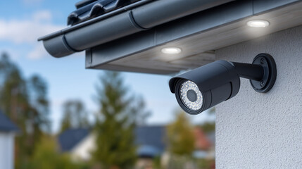 Close focus on modern drainpipe attached to insulated home roof corner, LED security floodlight above, smooth facade surfaces demonstrating effective thermal barrier system