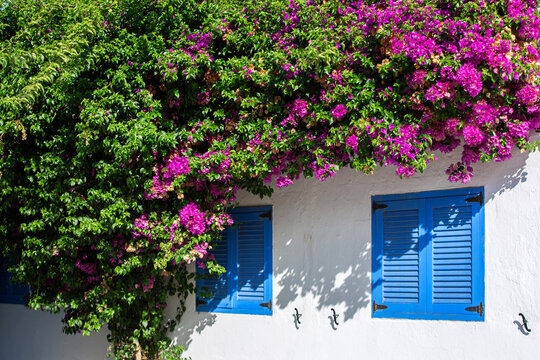 Fachada de cas andaluza con ventanas azules