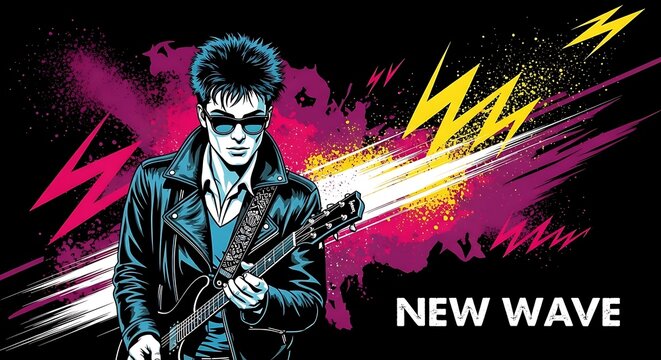 A stylized illustration of a musician playing guitar, set against a vibrant, graphic backdrop, promoting the New Wave music genre.