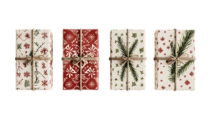 Festive gift boxes wrapped with rustic twine and pine decorations