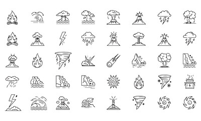 Collection of natural disaster and weather icons fire