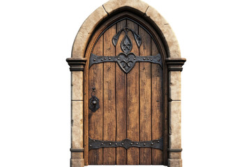 An ancient wooden arched doorway weathered by time hints at forgotten tales and journeys of on transparent background