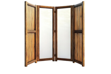 An aged wooden folding screen with translucent panels stands partially open inviting curiosity on transparent background