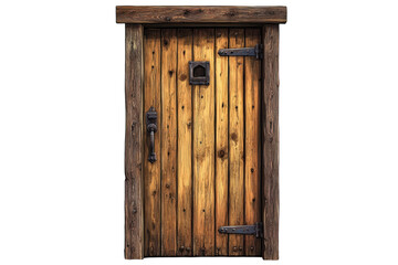 An ancient weathered wooden door hinting at untold stories and secrets guarded by aged iron on transparent background