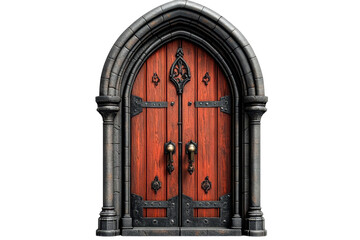 An ancient ornate gothic door beckons with its weathered wood and shadowed stone framing a on transparent background