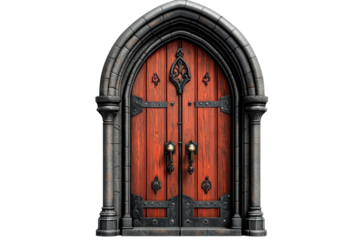 An ancient ornate gothic door beckons with its weathered wood and shadowed stone framing a on transparent background
