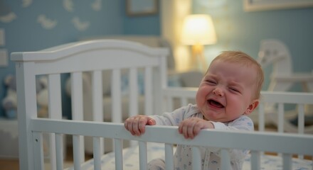 Baby crying while holding onto crib in nursery with soft lighting