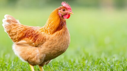 Fototapeta premium Close-Up of a Beautiful Brown Chicken Standing on Lush Green Grass in a Sunny Outdoor Environment with Soft Focus Background
