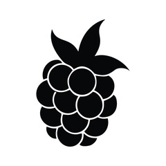 Simple black silhouette depicts an isolated raspberry with leaves on a transparent background