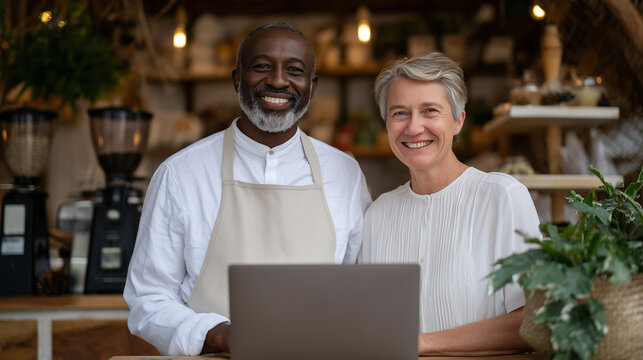Cafe owners smiling confidently while working together on laptop at wooden table, surrounded by coffee grinders and pastries, bright interior filled with welcoming textures and sof