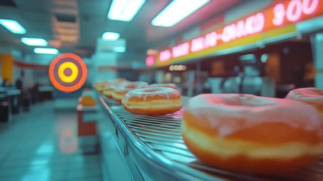 Iced doughnuts on a wire rack in a bakery or shop setting.