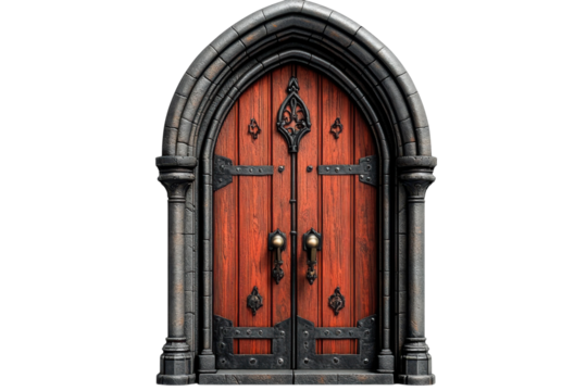 An ancient ornate gothic door beckons with its weathered wood and shadowed stone framing a on transparent background