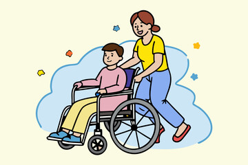 Fototapeta premium Caring Support: Woman Assisting Boy in Wheelchair with Smiling Faces and Colorful Background