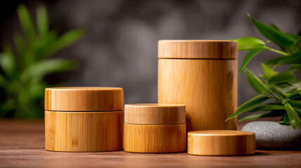 Wooden bamboo canister set on a table with a blurred background, a mockup template for product presentation