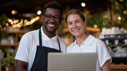 Fototapeta premium Happy male and female cafe owners checking financial reports on laptop together, surrounded by modern coffee equipment and friendly ambiance, showing dedication and passion for the