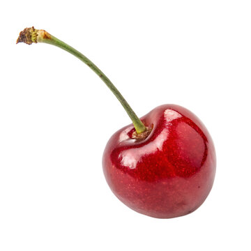 A single fresh red cherry with a green stem, a sweet summer stone fruit, isolated on a transparent background png