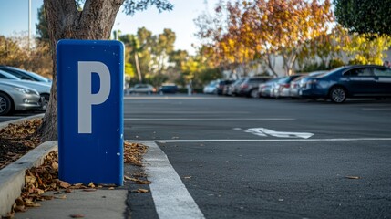 Blue parking sign in a parking lot with cars parked.