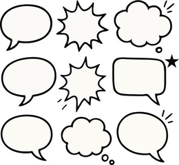 Colorful Comic Speech Bubbles cloud Set balloon, Vibrant hand-drawn comic speech bubbles for various uses.