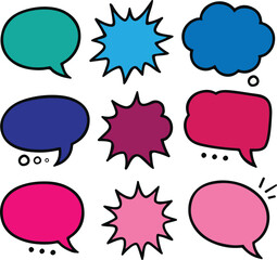 Colorful Comic Speech Bubbles cloud Set balloon, Vibrant hand-drawn comic speech bubbles for various uses.