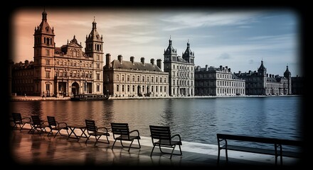 Obraz premium A waterfront scene showcasing a grand, historic building complex with chairs.