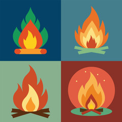 Flat Style Campfire Icon Set for Camping Design.
