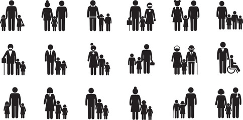 Family Structure Icon Set – Diverse Compositions Including Couples, Single Parents, Children, Elderly, and Disability Representation