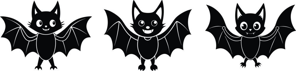 Cute Bat Silhouette Vector Set for Halloween Designs. 