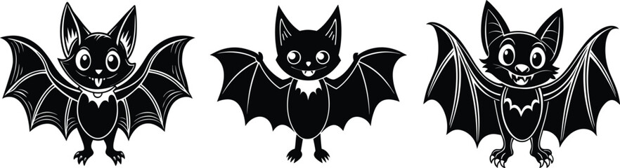 Cute Bat Silhouette Vector Set for Halloween Designs. 