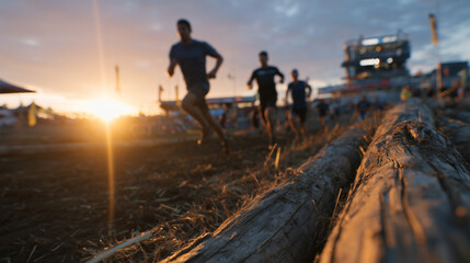 Wide shot of obstacle race track with rows of horizontal logs bathed in warm sunset light, athletes in motion climbing, jumping, and pushing limits in challenging fitness competiti