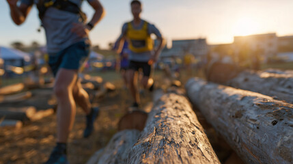Wide shot of obstacle race track with rows of horizontal logs bathed in warm sunset light, athletes in motion climbing, jumping, and pushing limits in challenging fitness competiti