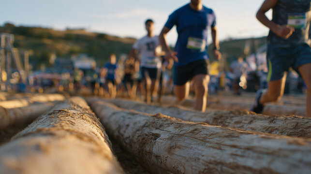 Wide shot of obstacle race track with rows of horizontal logs bathed in warm sunset light, athletes in motion climbing, jumping, and pushing limits in challenging fitness competiti